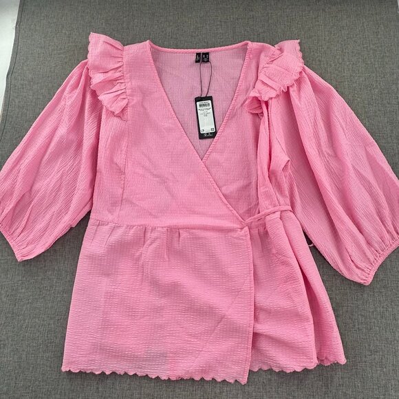 NEW! VERO MODA Wrap Blouse Pink Sz 18‎ UK Fashion Puff Ruffles Shoulders V-Neck - Picture 2 of 14